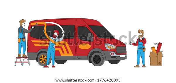 Upgrade and Modification Service for\
Transportation. Garage or Salon Workers Characters Make Car Tuning\
Put Stickers on Auto Body. Modernization Transport, Business.\
Linear People Vector\
Illustration