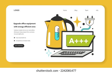 Upgrade office equipment with energy-efficient ones for energy efficiency at work web banner or landing page. How to low office utility cost, electricity consumption reduction. Vector illustration
