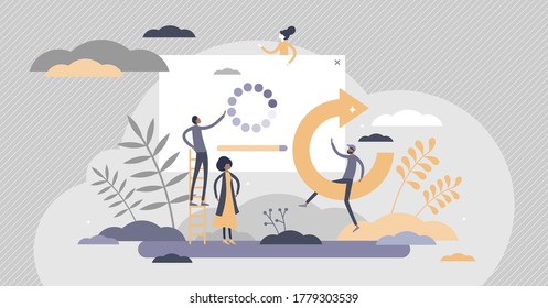 Upgrade process installation for newest software version flat tiny persons concept. Service update or system maintenance support loading circle dots as download progress symbol vector illustration.