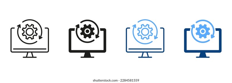 Upgrade Progress Symbol Collection. Computer System Update Pictogram. Upgrade of Software Line and Silhouette Icon Set. Download Process Sign. Vector Isolated Illustration.