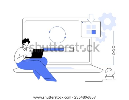 Upgrade software abstract concept vector illustration. Man with laptop upgrades professional software, change tariff plan in application, modern IT technology, program download abstract metaphor.