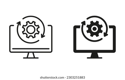 Upgrade of Software Line and Silhouette Icon Set. Computer System Update Pictogram. Download Process Sign. Upgrade Progress Symbol Collection. Vector Isolated Illustration.