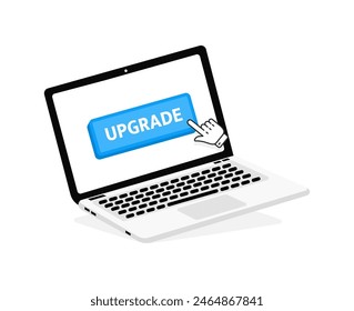 Upgrade text on Laptop screen with a red button . Button with pointer clicking. Finger Pressing