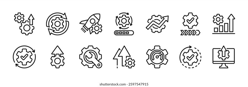 Upgrade, update, progress, process, development and improvement thin line icon vector set. Containing startup, maintenance, repair, speed, setup, configuration, installation, technology, growth bar