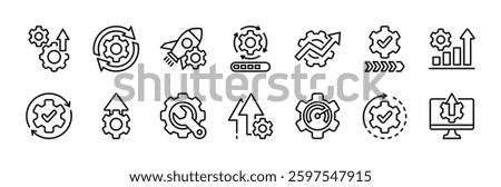 Upgrade, update, progress, process, development and improvement thin line icon vector set. Containing startup, maintenance, repair, speed, setup, configuration, installation, technology, growth bar