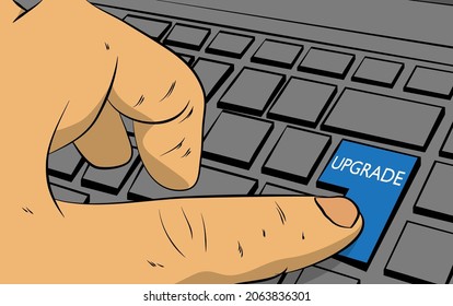 Upgrade word on computer keyboard, upgrading software program concept. Man push keypad on laptop. Comic book style concept.