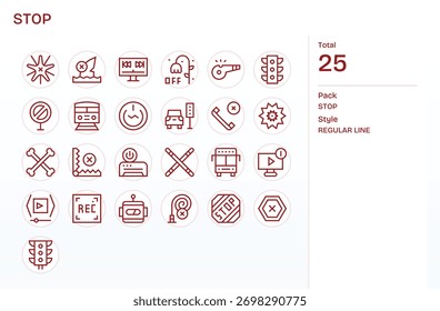 Atualize sua interface com 25 ícones de linha regular projetados em torno de Stop, fácil de adaptar e estilo.