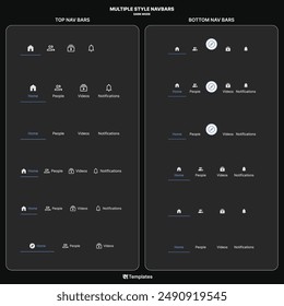 Upgrade your mobile app with this dark mode navigation bars UI kit. Featuring various top and bottom nav bar styles, this design ensures a seamless user experience with clear icons and labels. 