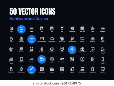 Atualize seus projetos de UI UX com este conjunto limpo e moderno de 50 ícones de linha, cuidadosamente trabalhados para representar vários dispositivos de hardware e tecnologia.