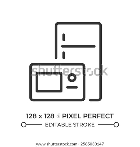 Upgraded appliance pixel perfect linear icon. Kitchen renovation. Repair, maintenance. Comfort, sustainability. Thin line illustration. Contour symbol. Vector outline drawing. Editable stroke