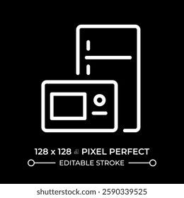 Upgraded appliance pixel perfect white linear icon for dark theme. Kitchen renovation, maintenance. Comfort, sustainability. Thin line illustration. Isolated symbol for night mode. Editable stroke