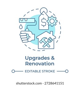 Upgrades and renovation soft blue concept icon. Home improvement, house repair. Pricing tag. Round shape line illustration. Abstract idea. Graphic design. Easy to use in presentation, booklet