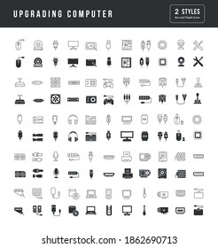 Upgrading Computer. Collection of perfectly simple monochrome icons for web design, app, and the most modern projects. Universal pack of classical signs for category Technology.