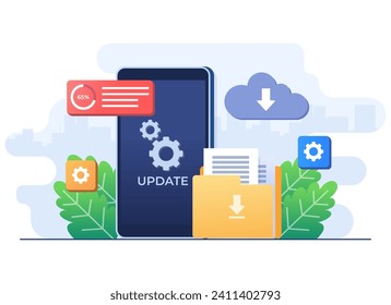 Aktualisieren des Betriebssystems - Flachgrafik, Systemaktualisierung, Systemwartung, Update-Programm und Anwendung, Fehlerbehebung, Fehlerbehebung, Geräteaktualisierung, Software-Upgrade-Prozess
