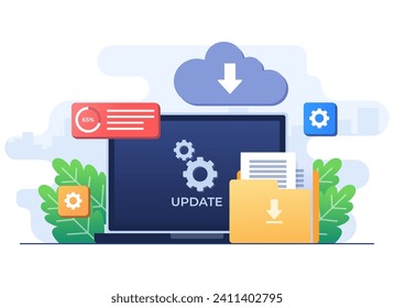 Upgrading operating system flat illustration, System update, System maintenance, Update program and application, Error fixing, troubleshooting, Device update, Software upgrade process