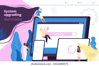 Upgrading system. Program installation upgrade systems update computer laptop improvement pc maintenance new technology vector concept. Software upgrade, update computer system illustration
