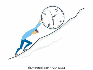 Uphill work in business - modern cartoon people characters illustration. A tired stressed man rolls a clock up the mountain as Sisyphus, fighting against time. Metaphorical concept of deadline