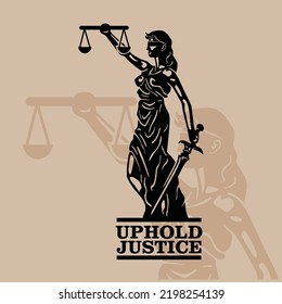 UPHOLD JUSTICE LOGO,silhouette of brave lady with blade and scales vector illustrations