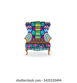 Upholstered armchair with a multi-colored upholstery in ethnic style. Cushioned furniture, room decoration, interior design isolated on white. Vector illustration 