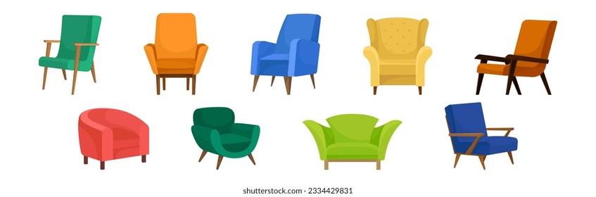 Upholstered Armchair with Wooden Legs as Furniture Items Vector Set