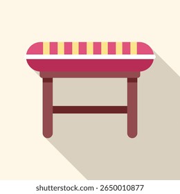 Upholstered bench with soft textile covering standing on floor in flat style with long shadow