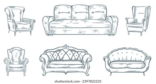 El conjunto de bocetos de doodle de mobiliario de mosaico. Sofá, sillones y silla con grabado a mano. Modelo clásico de mobiliario para sala de descanso, imagen vectorial aislada de tinta