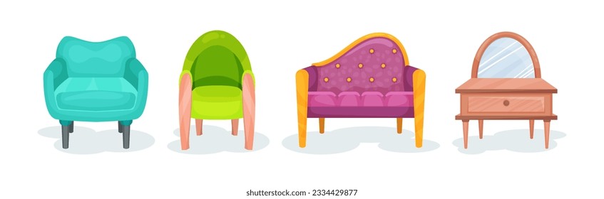 Upholstered Settee, Armchair and Wooden Cabinet with Mirror as Furniture Items Vector Set