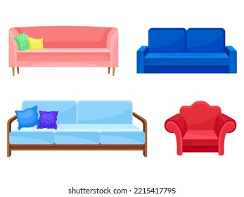 Upholstered Sofa and Armchair with Pillows as Piece of Furniture Vector Set
