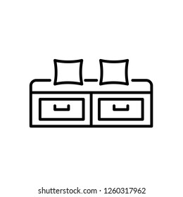 Upholstered storage bench with shelves, pillows. Entryway patio furniture. Vector line icon. Isolated object