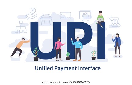 UPI - Unified Payment Interface concept with big word text acronym and team people in modern flat style vector illustration