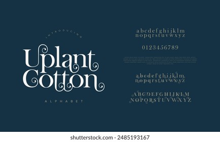 Uplantcotton premium luxury elegant alphabet letters and numbers. Vintage wedding typography classic serif font decorative vintage retro. creative vector illustration