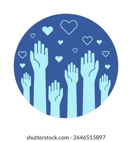 An uplifting circular icon of raised hands and floating hearts, representing love, support, and community involvement. Perfect for volunteer campaigns, charity events, and nonprofit branding.