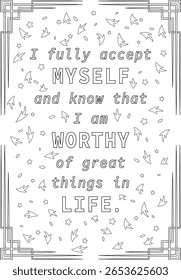 Uplifting 'I am Worthy' Positive Affirmation Coloring Page with Elegant Art Deco Frame and Stars for Self-Love, Mindfulness, and Stress Relief. Hand-drawn outline illustration for mental well-being.