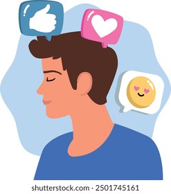 An uplifting illustration of a person with closed eyes and a peaceful expression, surrounded by positive thought bubbles featuring a thumbs-up, a heart, and a smiling emoji. 