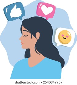 An uplifting illustration of a woman with a calm expression, surrounded by thought bubbles featuring a thumbs-up, heart, and smiling emoji. 