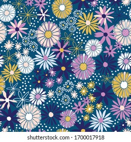 Uplifting summer floral vector repeat pattern with navy background.