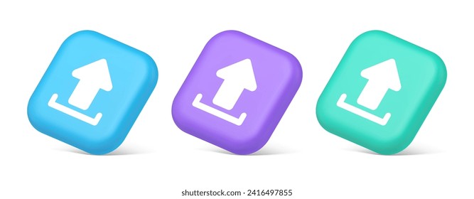Upload up arrow button document multimedia file exchange connection cyberspace storage 3d realistic blue purple and green icons. Information online download web app