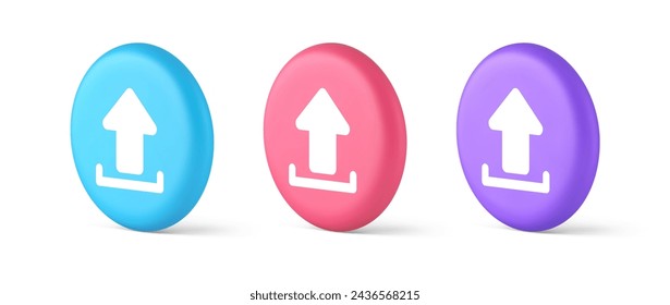 Upload up arrow button document multimedia file exchange connection cyberspace storage 3d realistic blue pink and purple icons. Information online download web app