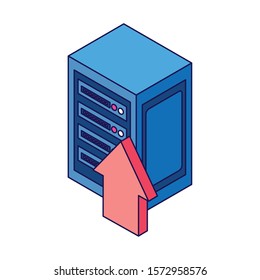 upload arrow and data server center icon over white background, vector illustration