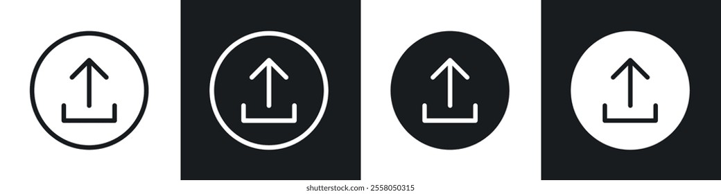 Upload arrow icons pack in black and white filled and outlined versions.