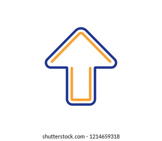 Upload arrow line icon. Direction Arrowhead symbol. Navigation pointer sign. Colorful outline concept. Blue and orange thin line color icon. Upload Vector
