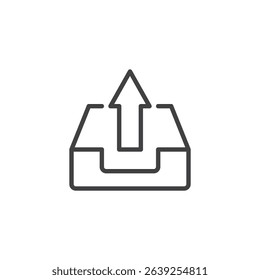 Upload arrow line icon emerging from a flat surface. Outline vector icon symbolizing file transfer or sending data. Clean tech communication icon.