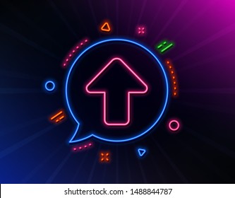 Upload arrow line icon. Neon laser lights. Direction Arrowhead symbol. Navigation pointer sign. Glow laser speech bubble. Neon lights chat bubble. Banner badge with upload icon. Vector