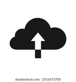 Carregar símbolo de seta em um ícone de glifo de nuvem preta. Interface do usuário para assinar o botão do aplicativo ao carregar o arquivo da Internet. Ilustração vetorial