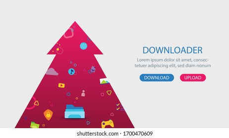 Upload Banner, File explorer, Music, Image, Video, Document, Flat vector illustration, Icon.