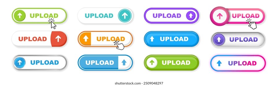 Upload buttons design set on transparent background. Click push button isolated.