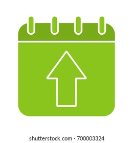 Upload calendar glyph color icon. Calendar page with up arrow. Silhouette symbol on white background. Negative space. Vector illustration