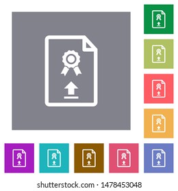 Upload certificate flat icons on simple color square backgrounds