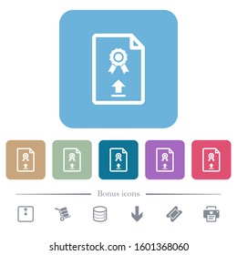 Upload certificate white flat icons on color rounded square backgrounds. 6 bonus icons included