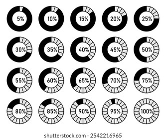 Upload circle counting in step of 5% to 100%. Loading indicator. Progress bar. Set of circle percentage diagrams for infographic. Circle loading progress set. Vector illustration.